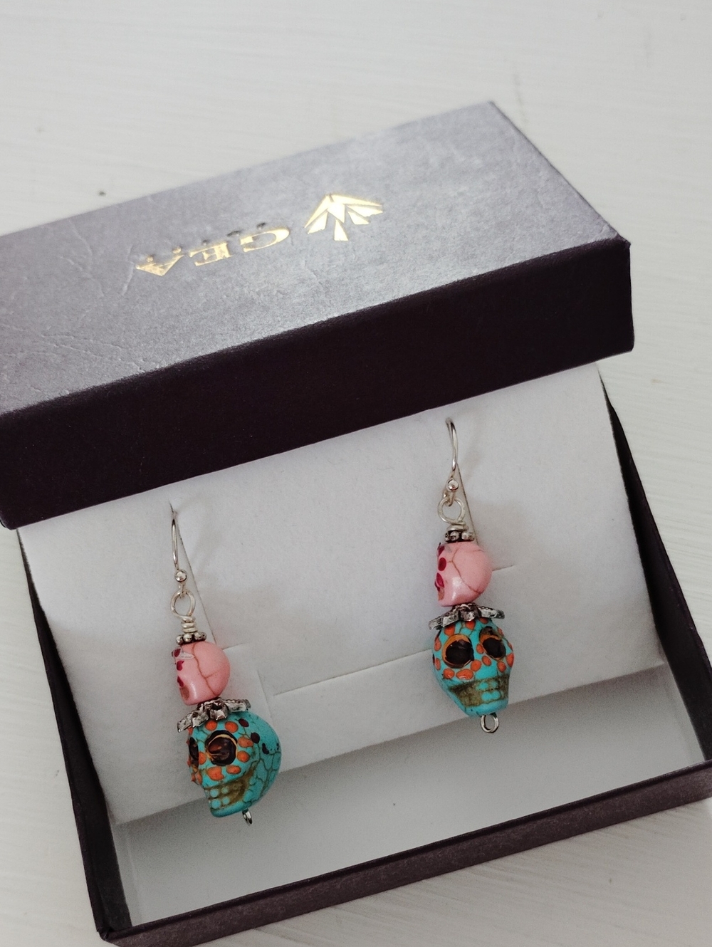 Handcrafted Turquoise & Pink Skull Drop Earrings - Women Jewelry